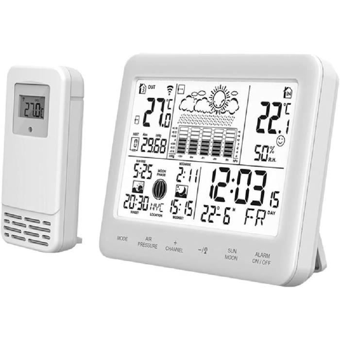 Station Météo Sans Fil Design Bois - Thermomètre Hygromètre Numérique Avec Capteur Externe - Réveil Et Horloge Intérieure - 4