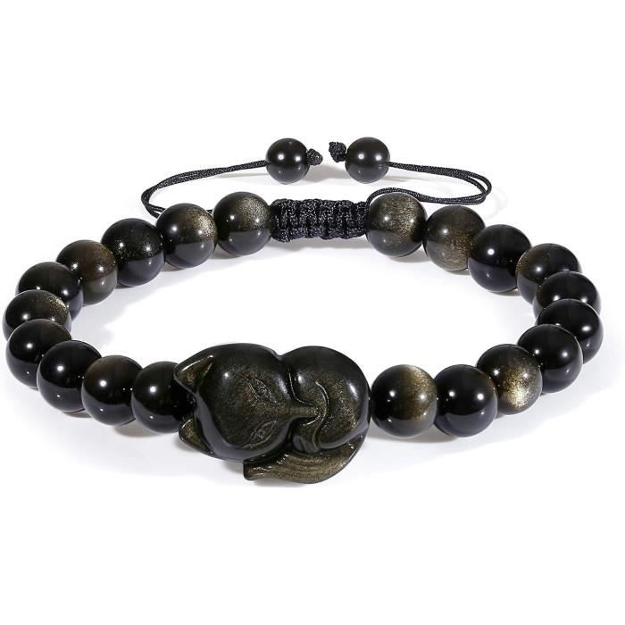 Bracelet Animal Légendaire Double Pixiu En Perles D'obsidienne Dorée - Pierre Naturelle - Neuf Sans Emballage