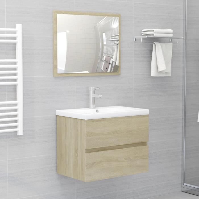 ensemble meuble salle de bain - meuble sous lavabo - l 60cm, avec miroir de toilette, chêne sonoma i54