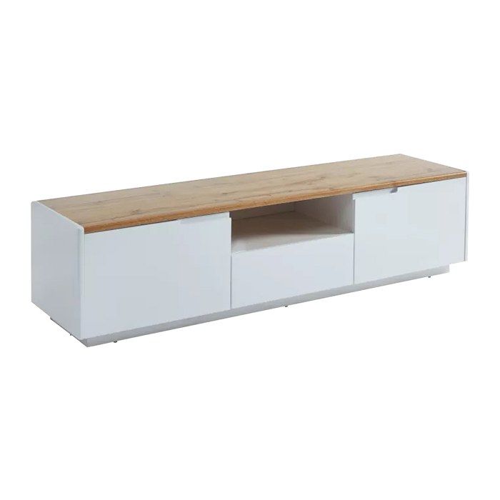Meuble TV AMANI - 2 portes & 1 tiroir - MDF - Coloris: Blanc laqué et chêne