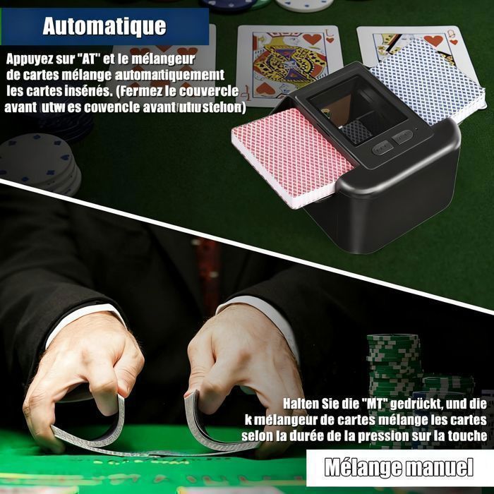 Brasseur Cartes électronique Mélangeur De Cartes Automatique électrique - Mélange UNO, Poker, Belote En 2 Sec - Rechargeable USB-C, Batterie Longue Durée