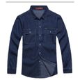 Denim Chemise Hommes Manches Longues Blouse Revers col Coton Loose Casual Tops shirt Bleu foncé-2
