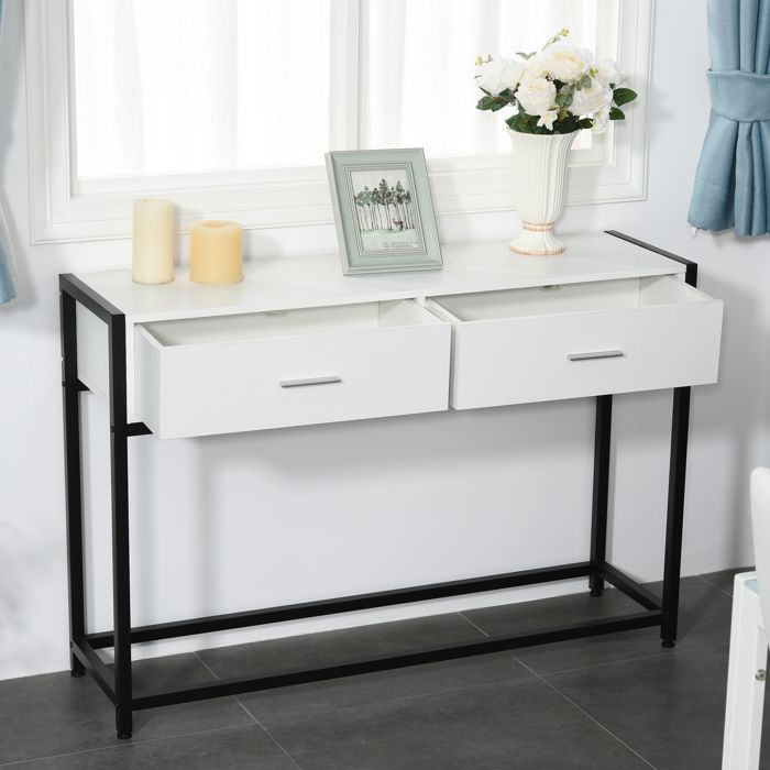 Table Console HOMCOM 106x23x76 Cm - Design Industriel - Acier Noir Et Panneau Bois Gris