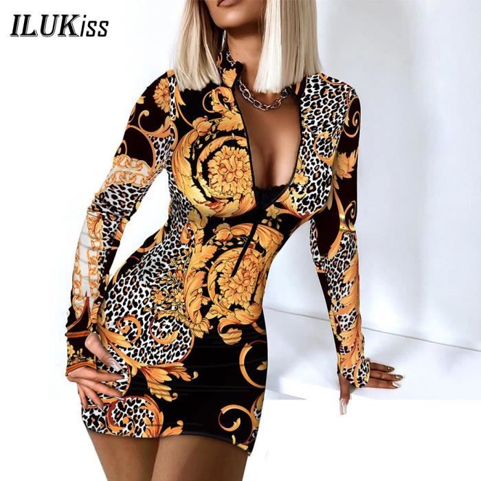 Robe moulante a manches longues pour femme Autre Black E1535 Col en V Imprime