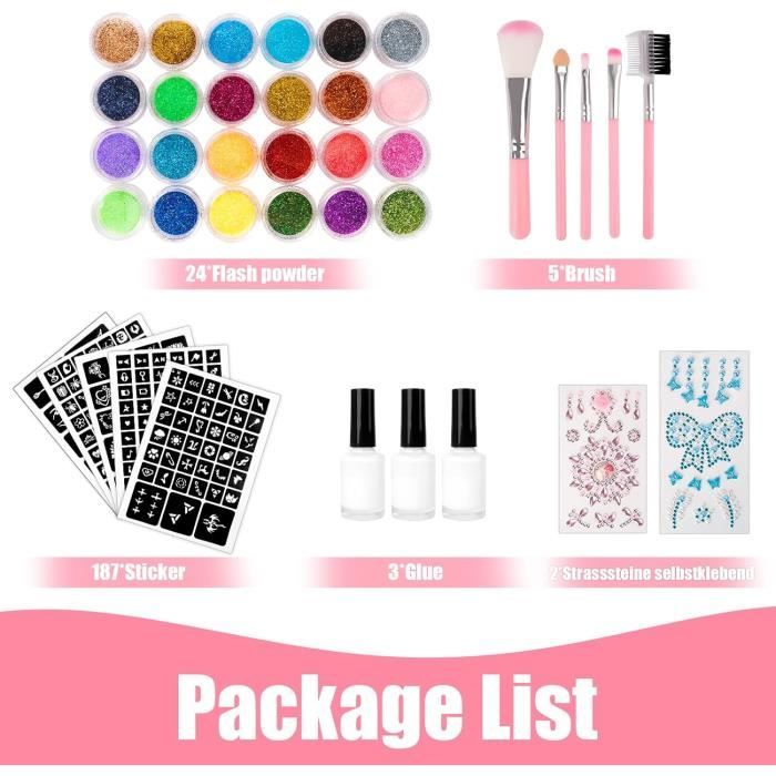 Kit Tatouage Paillettes Pour Enfants - Neuf, Pochoirs + Paillettes + Colle Multicolore