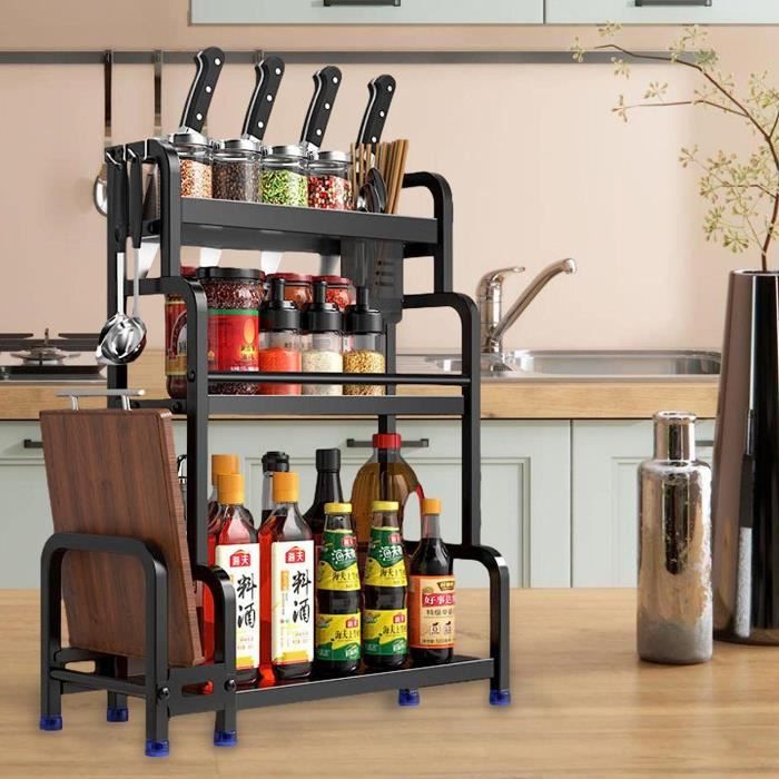 Organisateur De Cuisine 2 Étages En Bambou Style Rotin - 39x17.5x28.5cm - Pour Épices, Tasses, Produits Beauté