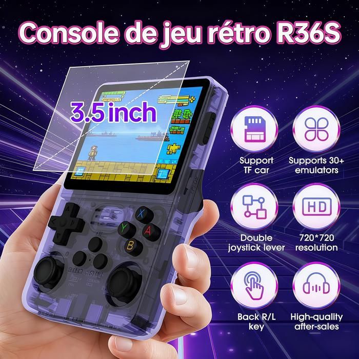 Console Rétro Portable R36S – Écran IPS 3,5 Pouces, 128 Go, +21 000 Jeux, Système Linux, Noir Translucide