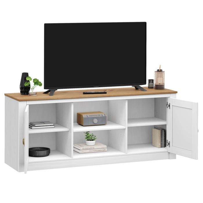 Meuble TV Bas Blanc Cozy Castle – Avec Prises Intégrées, 2 Portes, Pour TV Jusqu'à 55 Pouces (135x50x40 Cm)