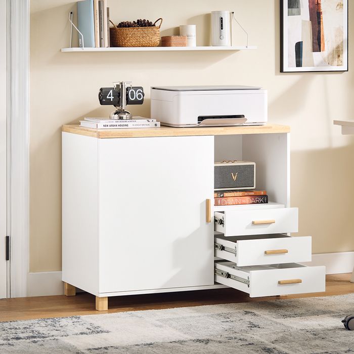 SoBuy Caisson De Bureau à Roulettes Blanc ASK09-W - Support Imprimante 2 Tiroirs + Porte Vitrée - 75x40x76 Cm