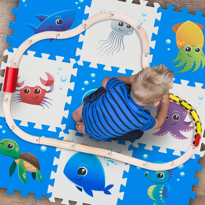 Relaxdays Tapis De Jeu Puzzle Maritime 9 Pièces – Mousse EVA 86x86 Cm – Design Dauphin, Baleine, Hippocampe – Dès 1 An