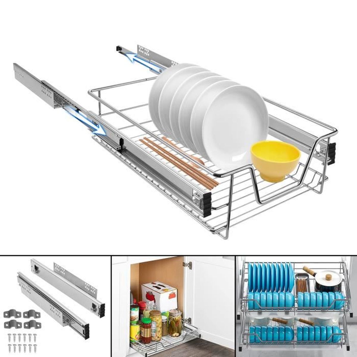 Tiroir Extensible Télescopique Pour Armoire De Cuisine - Ajustable De 39,5 à 56,5 Cm, Charge 25 Kg - Installation Adhésive Facile - 3