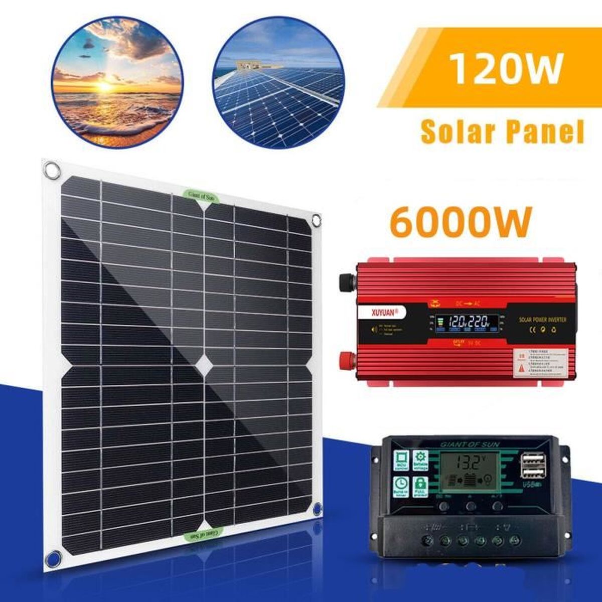Kit solaire complet panneau solaire 100w cable batterie 12v contrôleur de charge+onduleur convertisseur 1600w panneau 100w caravane van aménagé bateau camping-car maison - Bricolage