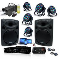 Pack Sono Ibiza Complet DJ300MKII - Ampli 480W - 2 Enceintes 500W Max - Table de Mixage - Micro - 5 Projecteurs - 1 Machine à Fumée