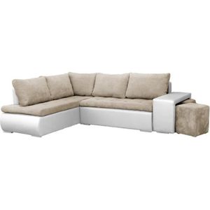 CANAPE CONVERTIBLE Canapé d'angle gauche convertible avec coffre de rangement - 4 places - Tissu beige et simili blanc - BELGRAD