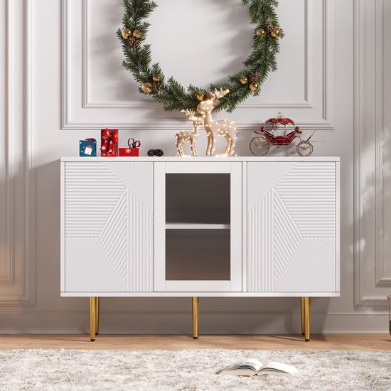 Armoire De Cuisine/buffet 120x38x79,5 Cm - 3 Tiroirs + 2 Portes Vitrées - Pieds Métal, Couleur Noir