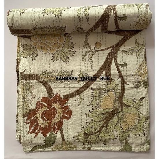 Couvre-lit réversible en coton fait main, jeté kantha à imprimé