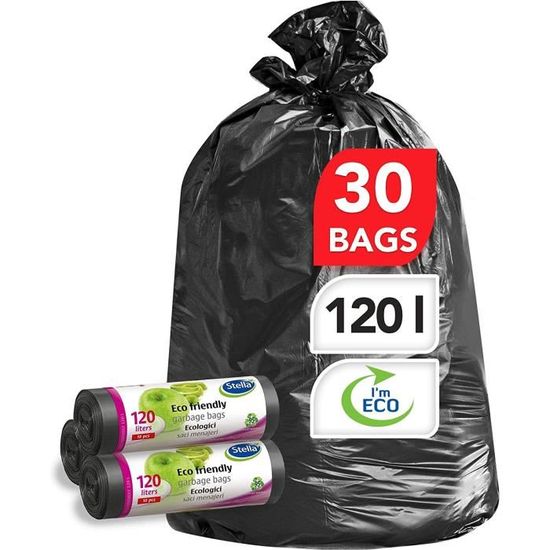 Sacs Poubelle 120L Stella – 20 Pièces Ultra-Résistants 100% Recyclé Avec Cordon – Noir