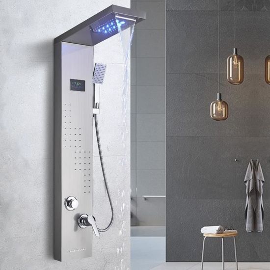 Colonne De Douche Velours Chrome En Acier Inoxydable, Pommeau XXL Effet Pluie Douchette Multifonction Et Mitigeur Thermostatique 97073978