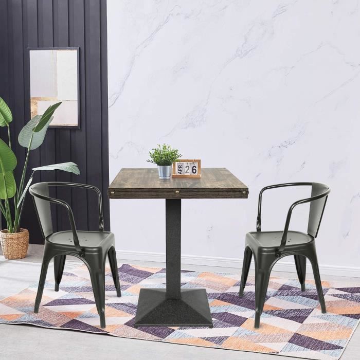 Table bistrot de jardin avec plateau carré en bois et pied en acier noir 60*60*75 cm pour 2 à 4 personnes