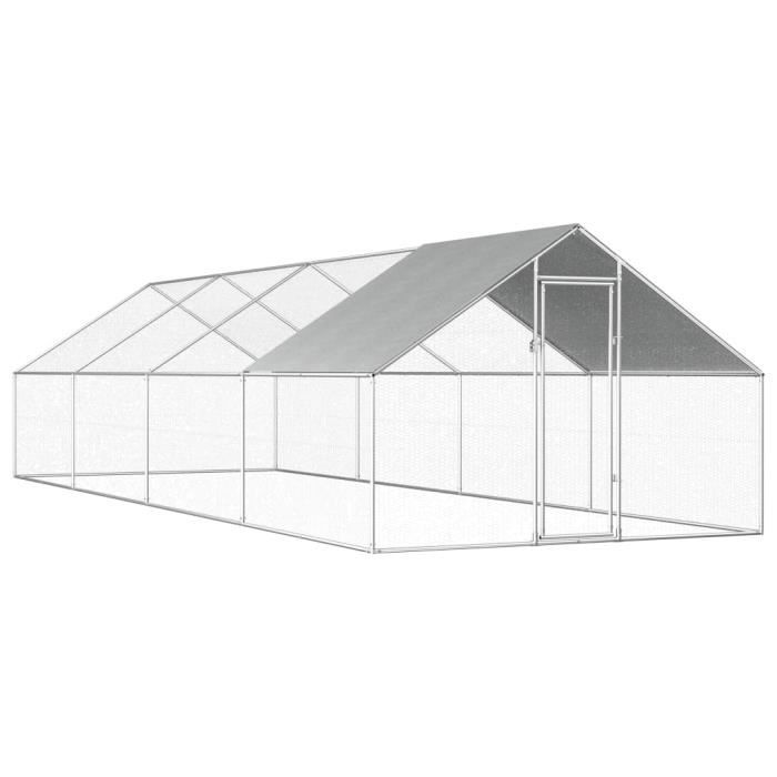 VGEBY® Poulailler d'extérieur 2,75 x 8 x 1,92 m Acier galvanisé Cadre argenté + toit gris -CYA