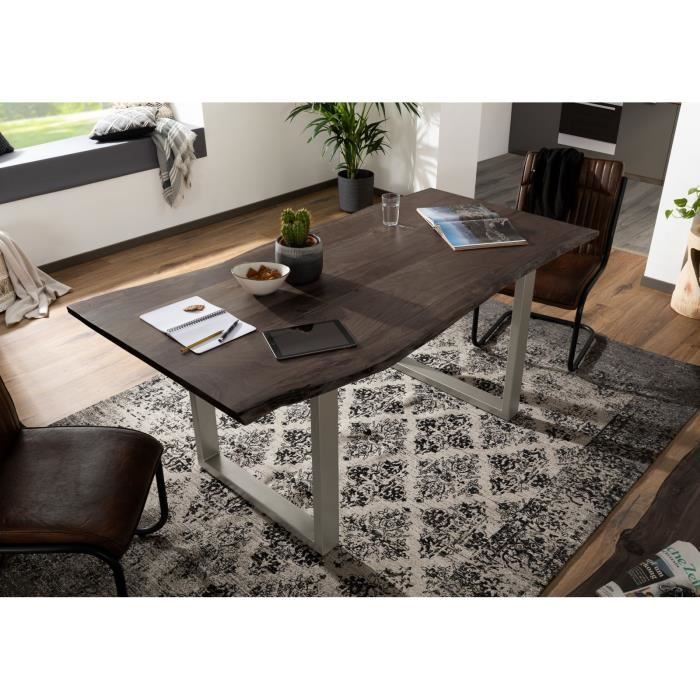 Table à manger 220x100cm - Bois massif d'acacia laqué (Gris/Bois taupe) - Design moderne naturel - FREEFORM 3
