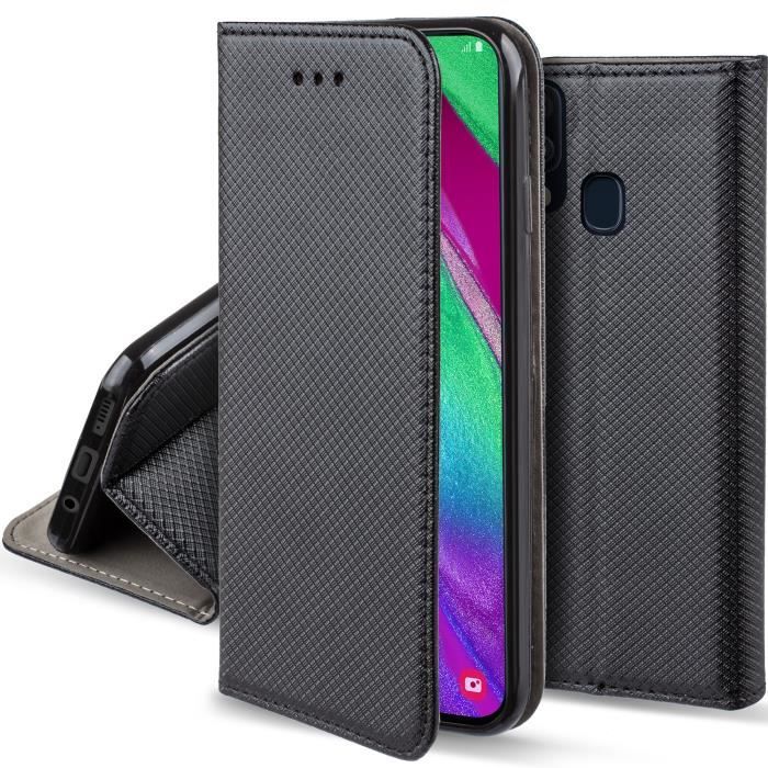 Moozy Coque téléphone a Rabat pour Samsung A40, Noir - Housse Étui Fin Smart Magnétique avec Stand Pliant
