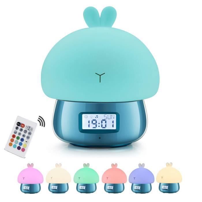 Réveil Enfant Garcon Éducatif, Lapin Lampe Veilleuse Lumiere, Reveil Digital Pile Bleu Para Enfant, Double Cloche,11 Sons,7