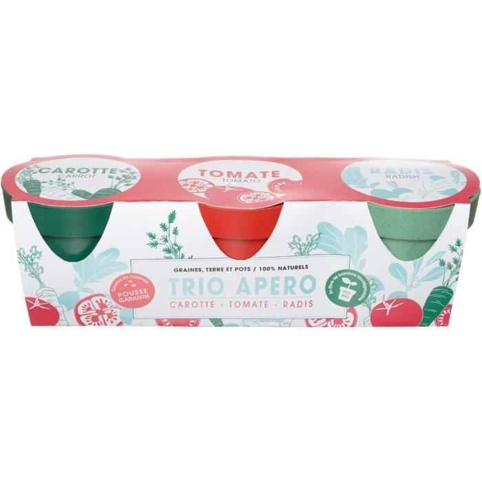 La Chaise Longue 37-1J-012 Trio Apéritif Carotte Tomate Radis Set de 3 pots assortis Avec graines plantes D10,7 x H9,5 cm chacun