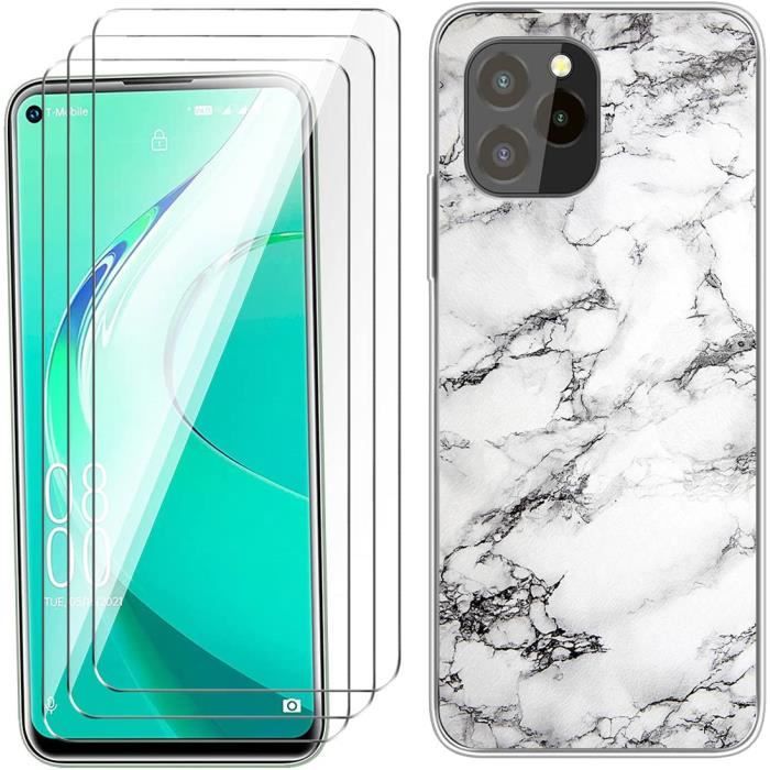 3X verre trempé + Coque Pour OUKITEL C21 Pro Silicone Mode Mince Doux Protection - marbre blanc case D1D1