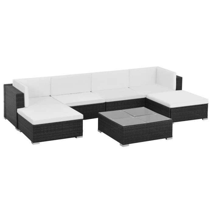 7 pcs Mobilier de jardin :2 canapés d'angle+2 canapés centraux+table basse+2 poufs avec coussins Résine tressée Noir