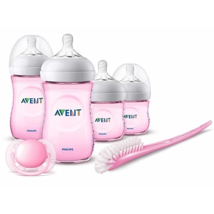 PHILIPS AVENT SCD301/03 Lot de 2 biberons 125ml + 2 biberons 260ml Natural + 1 brosse + 1 sucette - Rose