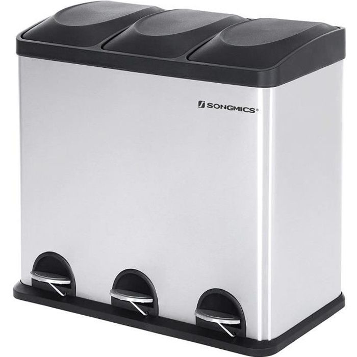 Poubelle de Cuisine à pédale LTB54L - 54L - 3 compartiments amovibles de 18 L : Tri Sélectif - Inox