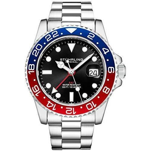 Stuhrling Original Bracelet en Acier Inoxydable pour Homme, Montre GMT, Double Fuseau horaire Date de réglage Rapide avec