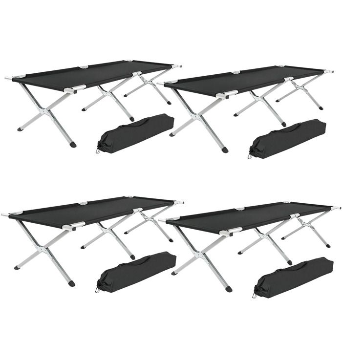 TECTAKE 4 Lits de camp 190 cm x 70 cm avec Housse de transport Noir