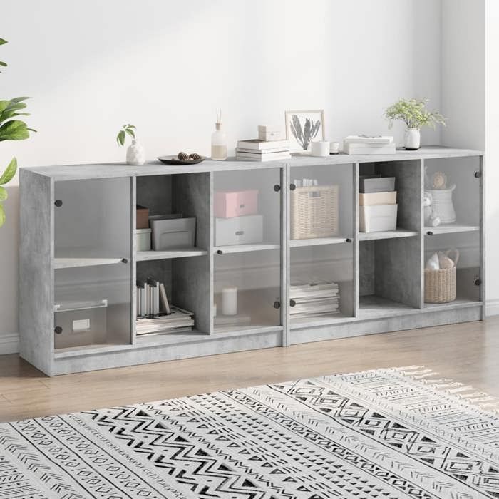 SALE 2025Meuble bas bahut vaisselier - Bibliothèque avec portes - Gris béton - 204x37x75 cm 73 92 Kg 8908