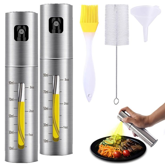 2 Pièces Vaporisateur Huile d'olive 100ml, Spray de Cuisson en Acier Inoxycable, avec 1 Brosse, 1 Entonnoir, 1 Brosse à huile - Maison