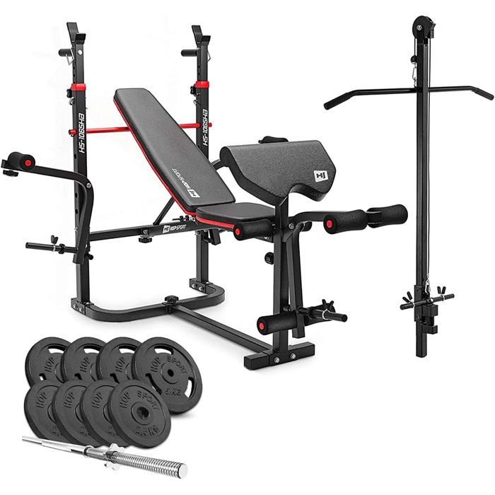 HS HOP SPORT Ensemble dhalt&egrave;res 39 kg Hop-Sport Banc de Musculation Poulie haute HS-1065 Set Disques de Poids en fonte et Barres dhalt&egrave;res 