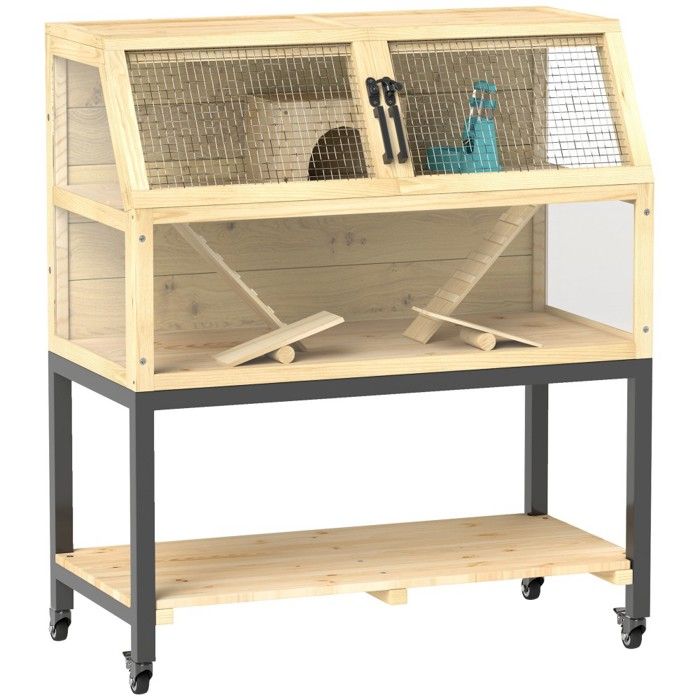 Meilleurs prix pour Clapier Cage Hamster Nain Bois 87x43x101cm - Espace Rangement Bouteille Deau Cabane Balançoires Roues Et Rampes - Bois Naturel