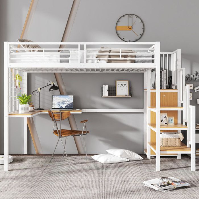 Lit Mezzanine Enfant 90x200 cm avec Table et Armoire Échelle Latérale avec Main Courante Fer + Panneau de Particules Blanc