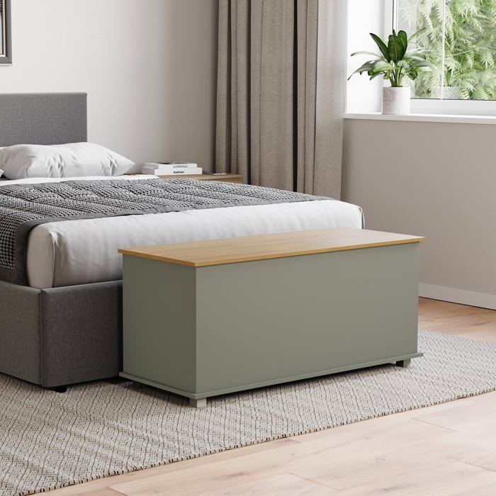 Banc coffre de rangement Arlington gris et chêne – Repose-pieds tabouret banc en bois avec espace de rangement pour lit