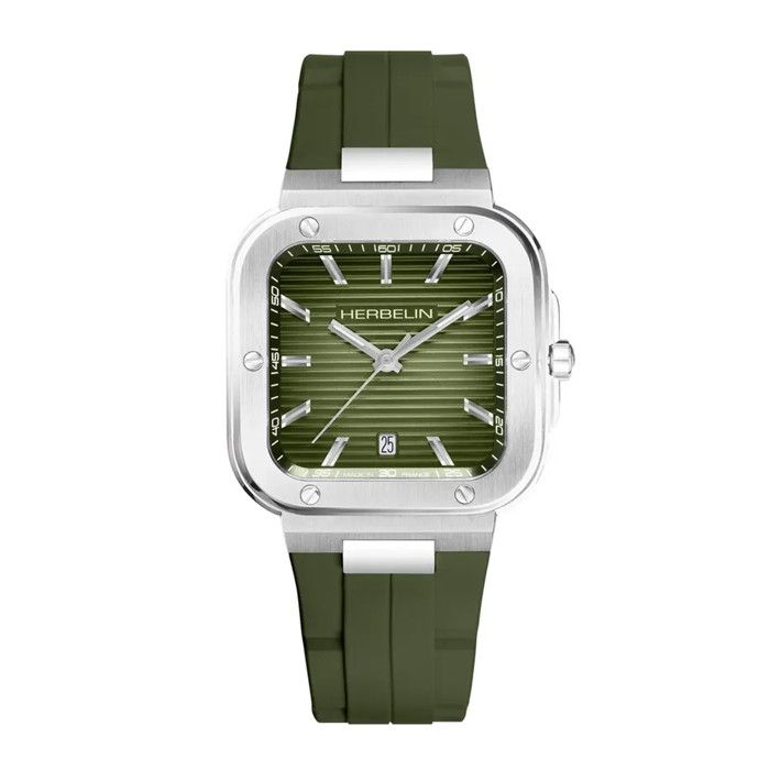 Montre - HERBELIN - Cap Camarat Square - Kaki - Bracelet en caoutchouc FKM - Étanche 100m Montre - HERBELIN - Cap Camarat Square - Kaki - Bracelet en caoutchouc FKM - Étanche 100m
