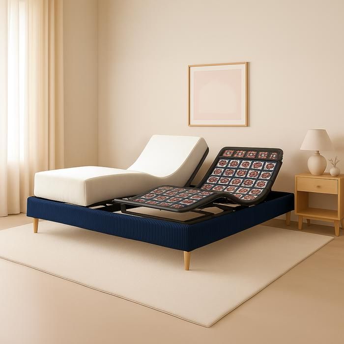 Ensemble lit électrique 160x200 bleu – Sommier relaxation à plots + contour velours côtelé + matelas