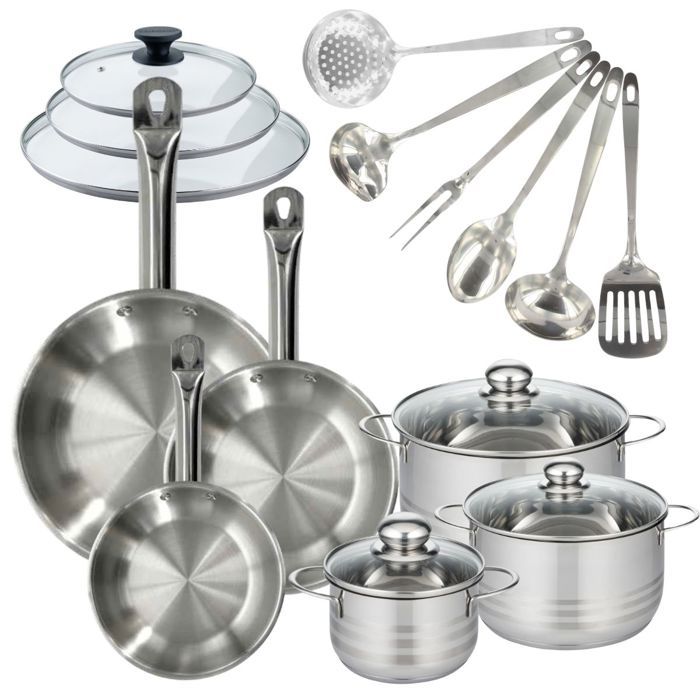 Batterie de cuisine 3 poêles 20/24/28 cm et couvercles 3 faitouts 16/20/24 cm et 6 ustensiles Fackelmann Eterna Batterie de cuisine 3 poêles 20/24/28 cm et couvercles 3 faitouts 16/20/24 cm et 6 ustensiles Fackelmann Eterna