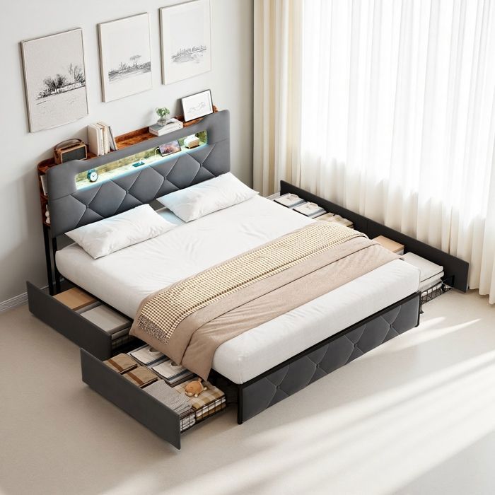 Structure de lit 140x190 cm en métal et panneaux Lit double 140x190 cm en gris velours Lit adulte avec 4 tiroirs Sommier inclus