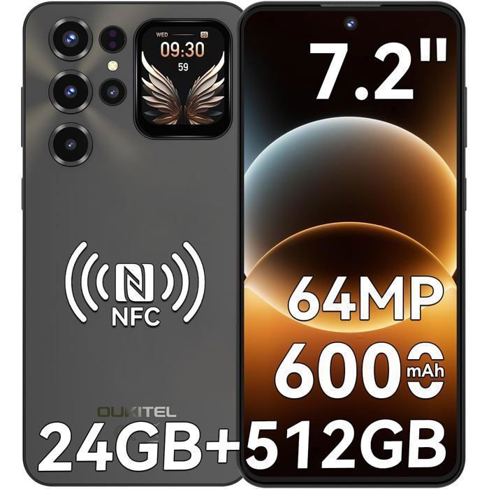 Telephone Portable OUKITEL C68 Plus 24GO+512GO Écran 7.2 6000mAh Smartphone Débloqué 64MP Téléphone Android 15 Double SIM/NFC Noir