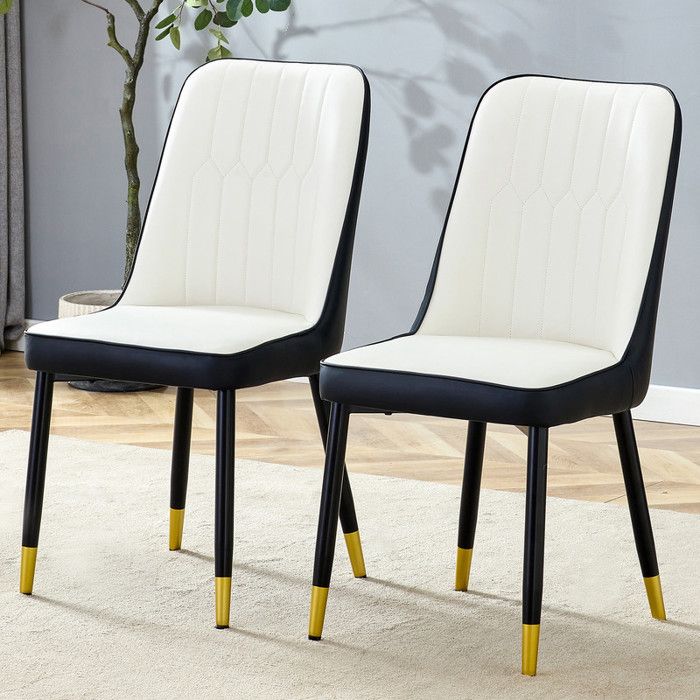 Chaises de salle à manger - Ensemble de 2 - Cuir PU - Blanc et Noir - Pieds en métal noir - 43x41.5x89 cm