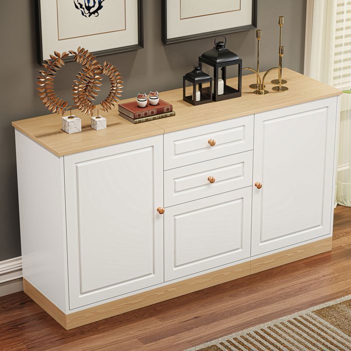 Buffet Bas - 3 Portes avec Double Tiroir - MERAX Meuble de Rangement - Blanc et Bois - pour Salon et Salle à Manger