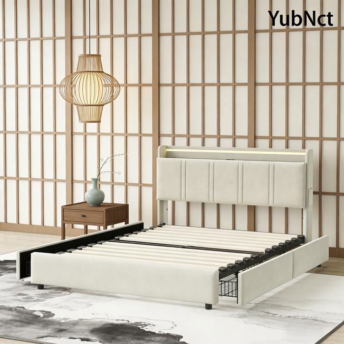 YubNct Lit double design 140 x 200 cm avec éclairage LED et usb avec tiroirs et étagère Prises électriques accessibles