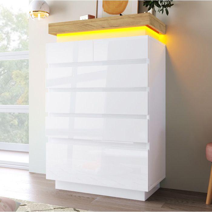 Commode blanche laquée brillante avec 6 tiroirs et éclairage LED