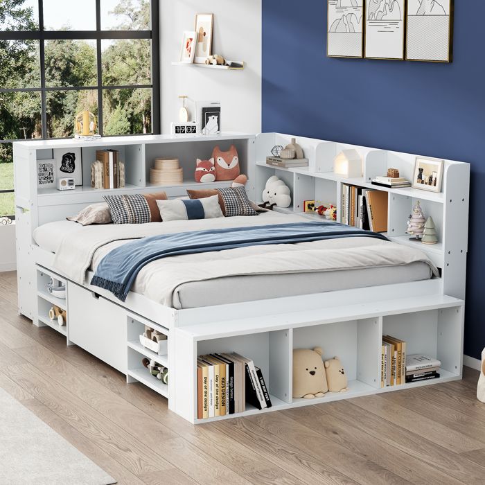 Lit enfant 140x200 cm - Lit avec Rangement et Bibliothèque Lit Combiné en MDF Blanc Sans Matelas
